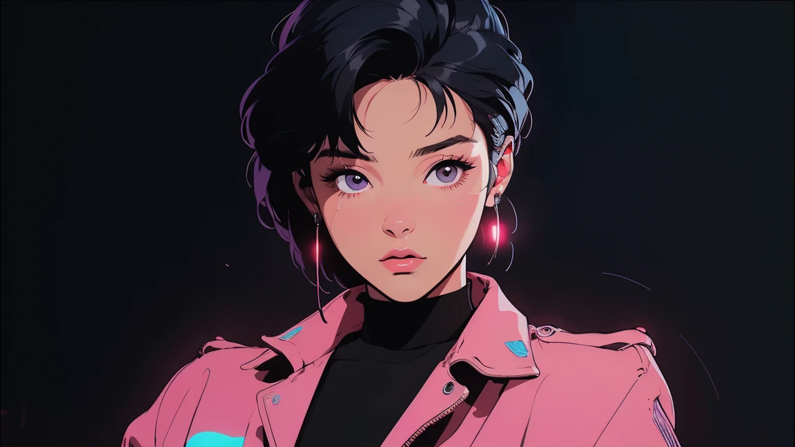 ((best quality)), ((masterpiece)), (detailed), perfection, realistic, high fashion, 16:9, Stylish Korean woman from the 90s, Neon light background, a scene from a movie, photos for posters