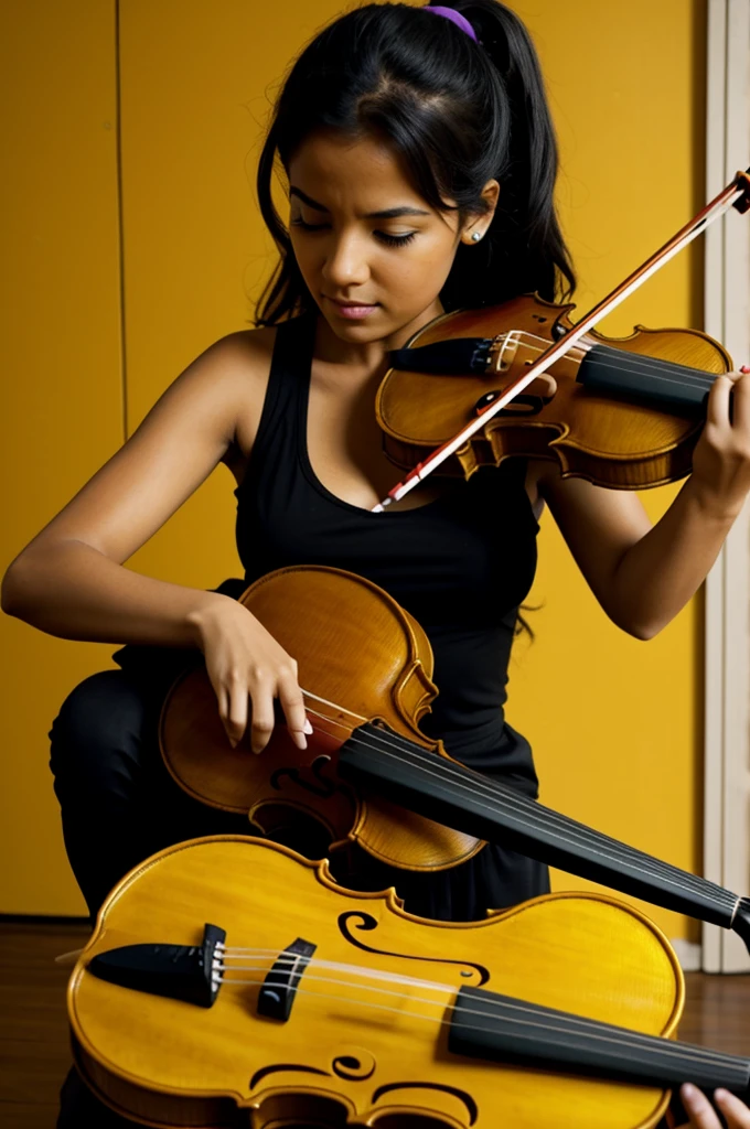 Chica toca violin y su gata negra con amarillo la escucha