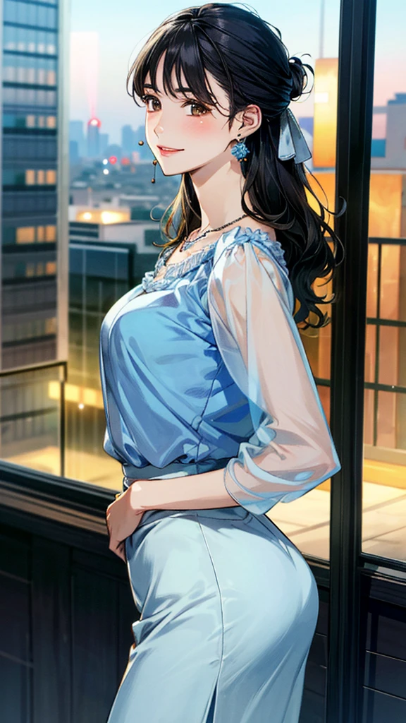 (masterpiece:1.3, Highest quality, Ultra-high resolution, Super detailed), (Realistic, photoRealistic:1.4), Beautiful illustrations, Perfect lighting, colorful, Depth of written boundary,
Beautiful detailed hair, Beautifully detailed face, Beautiful fine details, Beautiful clavicle, Beautiful body, 美しいLarge Breasts, Beautiful thighs, Beautiful feet, Beautiful fingers,
View Viewer、Front view:0.6, Beauty1人, Japanese, Beauty、30 years old, Perfect Face, (Perfect Anatomy, Anatomically correct), Cute and symmetrical face, Baby Face, , Shiny skin,
((Light blue sheer blouse:1.4)), ((Long skirt 1.5))、
(Black Hair, Medium、Updo Hair:1.4), Dark brown eyes, (Large Breasts), Slim body,
necklace, (Small earrings:1.3),
(Beautiful views), (night), (city, cityscape in the distance), Standing with good posture, A soft smile、(Smile, Lips parted),