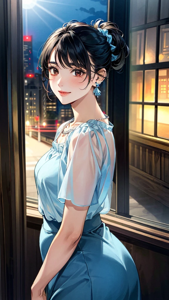 (masterpiece:1.3, Highest quality, Ultra-high resolution, Super detailed), (Realistic, photoRealistic:1.4), Beautiful illustrations, Perfect lighting, colorful, Depth of written boundary,
Beautiful detailed hair, Beautifully detailed face, Beautiful fine details, Beautiful clavicle, Beautiful body, 美しいLarge Breasts, Beautiful thighs, Beautiful feet, Beautiful fingers,
View Viewer、Front view:0.6, Beauty1人, Japanese, Beauty、30 years old, Perfect Face, (Perfect Anatomy, Anatomically correct), Cute and symmetrical face, Baby Face, , Shiny skin,
((Light blue sheer blouse:1.4)), ((Long skirt 1.5))、
(Black Hair, Medium、Updo Hair:1.4), Dark brown eyes, (Large Breasts), Slim body,
necklace, (Small earrings:1.3),
(Beautiful views), (night), (city, cityscape in the distance), Standing with good posture, A soft smile、(Smile, Lips parted),