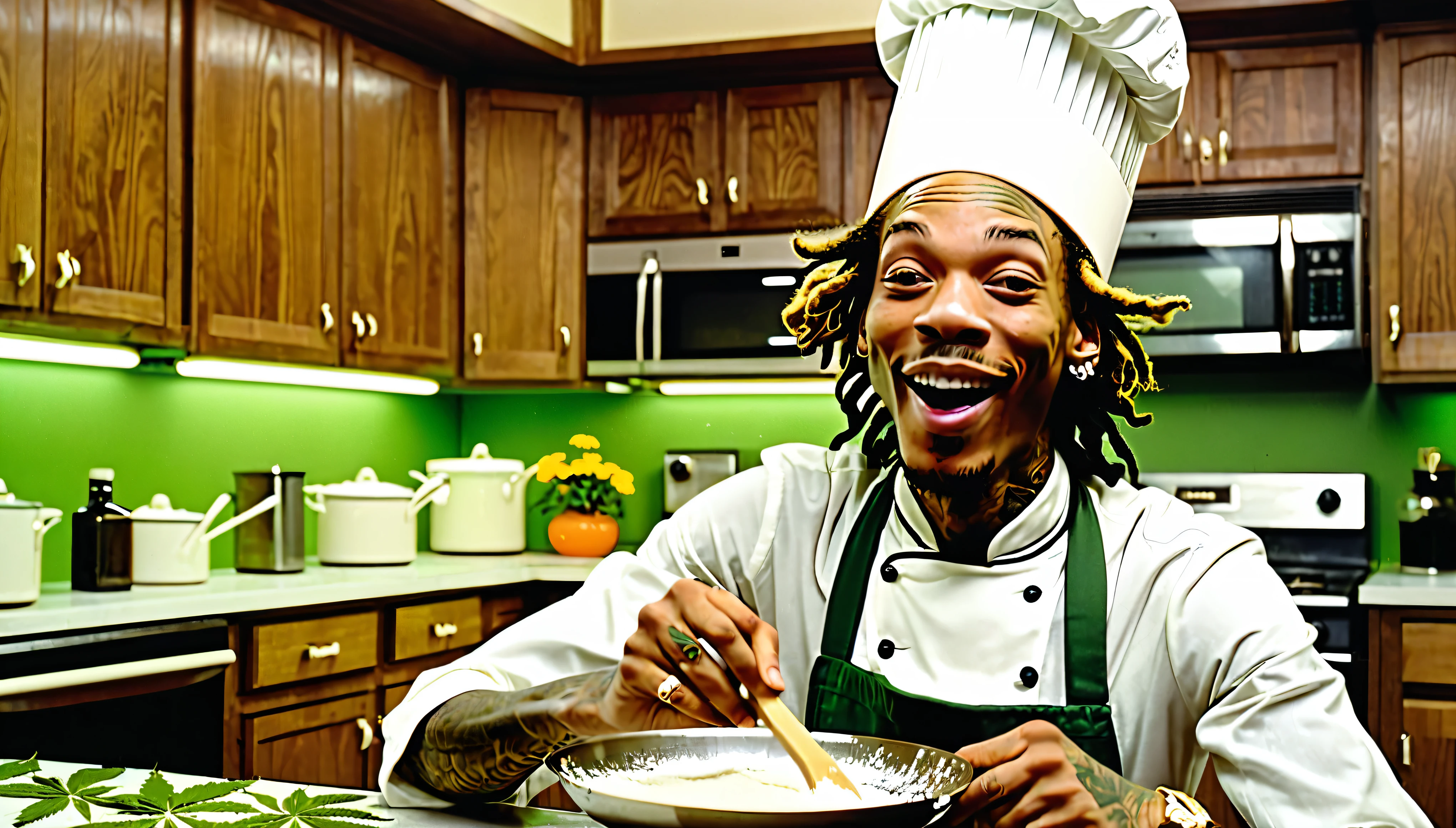 1970s photo of "Wiz Khalifa" wearing 1970s chef attire, he is baking marijuana leaf cakes in the kitchen, excited expression,