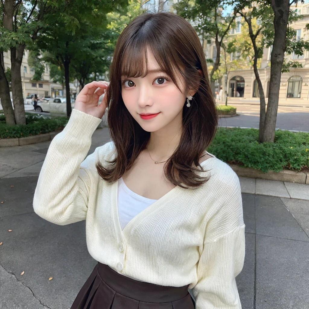 Smile、natta、Raw photography、(((Ultimate Beauty Portrait)))、((glistning skin))、1 girl、20 year old beautiful girl in Prague、bright expression、((brown haired))、(cleavage of the breast)、(flered skirt:1.5)、((Big eyes that shine like jewels))、open cardigan、Open your clothes、panthyhose、Glossy glossy skin、(Medium Hair)、(Silky Ponytail Hair)、(is standing)、(frombelow)、Under the skirt、(Close-up of underwear from below)、eye liner、Beautiful bangs、Hair between the eyes、((masterpiece、top-quality、ultra-detailliert、Film Light、intricate-detail、hight resolution、ighly detailed))、Detailed background、8KUHD、Digital SLR、Soft light、hightquality、Film grain、FujifilmXT3 、Shallow depth of field、natural soft light、Kamimei、Lush bust,Plump body