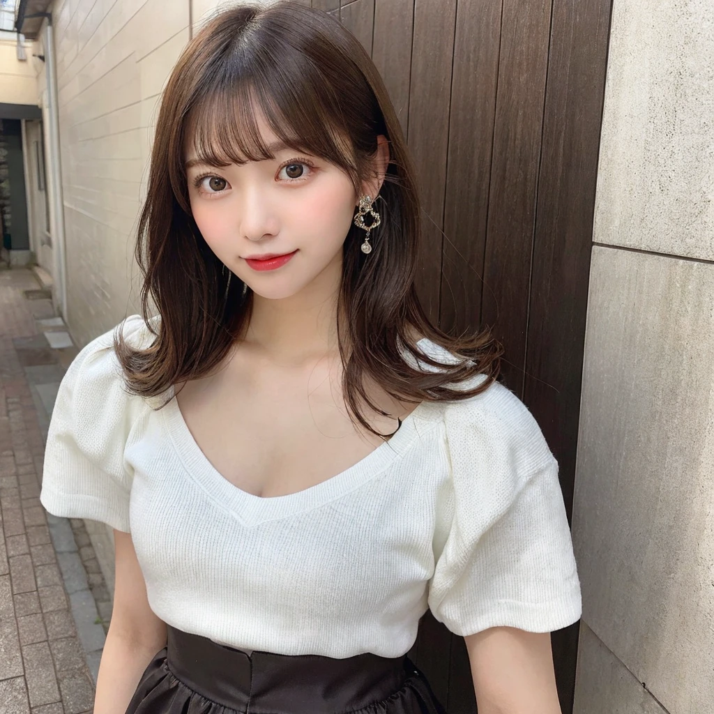 Smile、natta、Raw photography、(((Ultimate Beauty Portrait)))、((glistning skin))、1 girl、20 year old beautiful girl in Prague、bright expression、((brown haired))、(cleavage of the breast)、(flered skirt:1.5)、((Big eyes that shine like jewels))、open cardigan、Open your clothes、panthyhose、Glossy glossy skin、(Medium Hair)、(Silky Ponytail Hair)、(is standing)、(frombelow)、Under the skirt、(Close-up of underwear from below)、eye liner、Beautiful bangs、Hair between the eyes、((​masterpiece、top-quality、ultra-detailliert、Film Light、intricate-detail、hight resolution、ighly detailed))、Detailed background、8KUHD、Digital SLR、Soft light、hightquality、Film grain、FujifilmXT3 、Shallow depth of field、natural soft light、Kamimei、Lush bust,Plump body