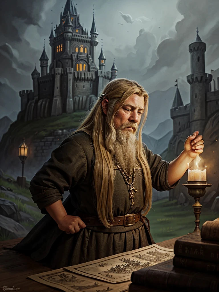 Generates a drawing illustration of a dwarf, blonde, medieval, crying, mientras construye un castillo de paredes negras y suelo gris, dibujo estilo fantasia oscura, pintura