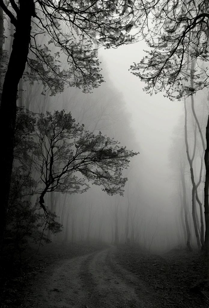 "An intriguing image of a dark path in the forest, slightly foggy. In the background, at the edge of the trees, se trouve une silhouette inquiétante d'un monstre, plus visible mais toujours partiellement cachée parmi les arbres. At the forefront, une femme se tient au début du chemin, tenant un parapluie, visiblement effrayée par ce qu'elle aperçoit au loin. L'atmosphère est tendue et mystérieuse, with dim light peeking through the trees, ajoutant une touche de mystère et de suspense."