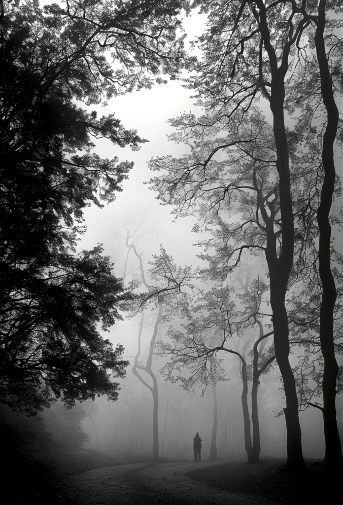 "An intriguing image of a dark path in the forest, slightly foggy. In the background, at the edge of the trees, se trouve une silhouette inquiétante d'un monstre, plus visible mais toujours partiellement cachée parmi les arbres. At the forefront, une femme se tient au début du chemin, tenant un parapluie, visiblement effrayée par ce qu'elle aperçoit au loin. L'atmosphère est tendue et mystérieuse, with dim light peeking through the trees, ajoutant une touche de mystère et de suspense."