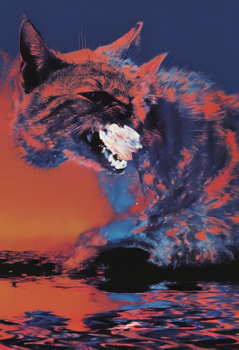 glitch art of cat in front of sunset