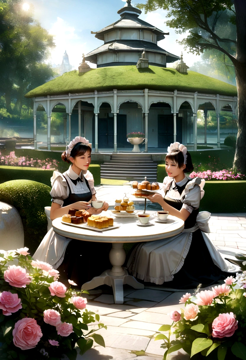 (medium,illustration),(best quality,highres),pink flowers, pink color, mature maids,enjoying themselves,preparing,afternoon refreshments,(realistic),(vivid colors),(HDR),black and white maid clothes,short skirt,detailed garden background,manor building in the distance,a castle can be seen,floral arrangements,tea party,elaborate table setup,lush greenery,sunlight filtering through the trees,relaxed atmosphere,beautifully trimmed hedges,flowers in full bloom,fountain with flowing water,elegant serving trays,delicious pastries,exquisite porcelain teacups,reflections in the crystal-clear water,calm and serene ambiance,soft breeze rustling leaves,laughter and conversation,meticulously maintained lawns,gentle chirping of birds,crystal-clear blue sky,manicured paths leading through the garden,handcrafted decorations,ornate gazebos,old stone benches,peaceful and tranquil setting