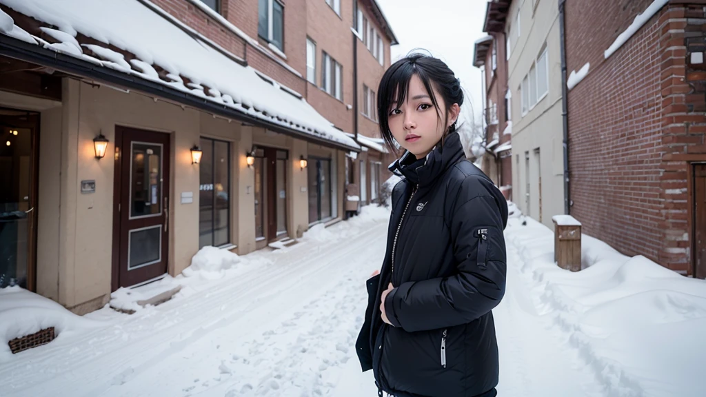 high resolution, alone, (20-year-old)), Lonely look, View your viewers, Upper Body, Deep neckline, ((Black Hair)), Winter clothing, The background is right next to the entrance of the building., The door is open, There is snow all around, It's snowing, Surrealism, UHD, retina, masterpiece, accurate, textured skin, anatomically correct, super detail, high details, high quality, highres, best quality, award winning