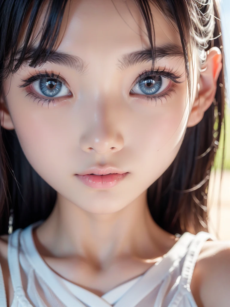 One Girl，(1人のとてもcute***:1.3)，masterpiece，Highest quality，High resolution，Photorealistic，RAW Photos，Ray Tracing，beautiful girl，(15 years old:1.3)，cute，Big eyes，(detailed pupils:1.2)，(The face is facing straight ahead:1.3)，Body facing forward，Beautiful nose，Fuller lips，Short black hair，ponytail，short hair，Detailed eyelashes，Thin eyebrows，Very fine grain definition，(Symmetrical eyes:1.3)，(Face close-up，Face Focus:1.0)，White swimsuit，White Bikini，Portrait，View Viewer，From below，Cinema Lighting，High resolution，Very detailed