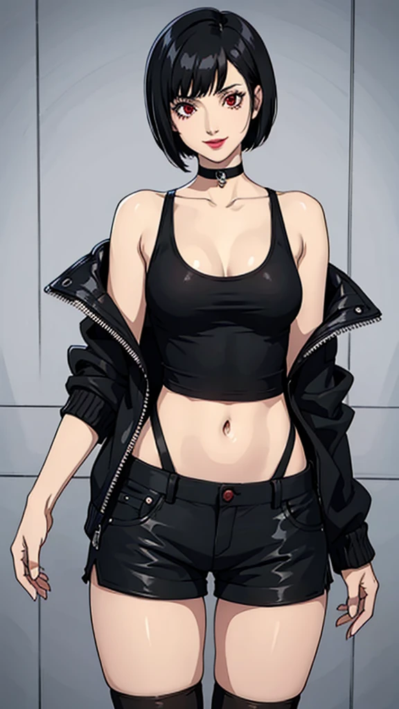 1 girl, Red eyes, very Short hair, black choker, lipstick, cowboy shot, smile, black hair, female , tomboy Pixie haircut, stockings, tank top, shorts