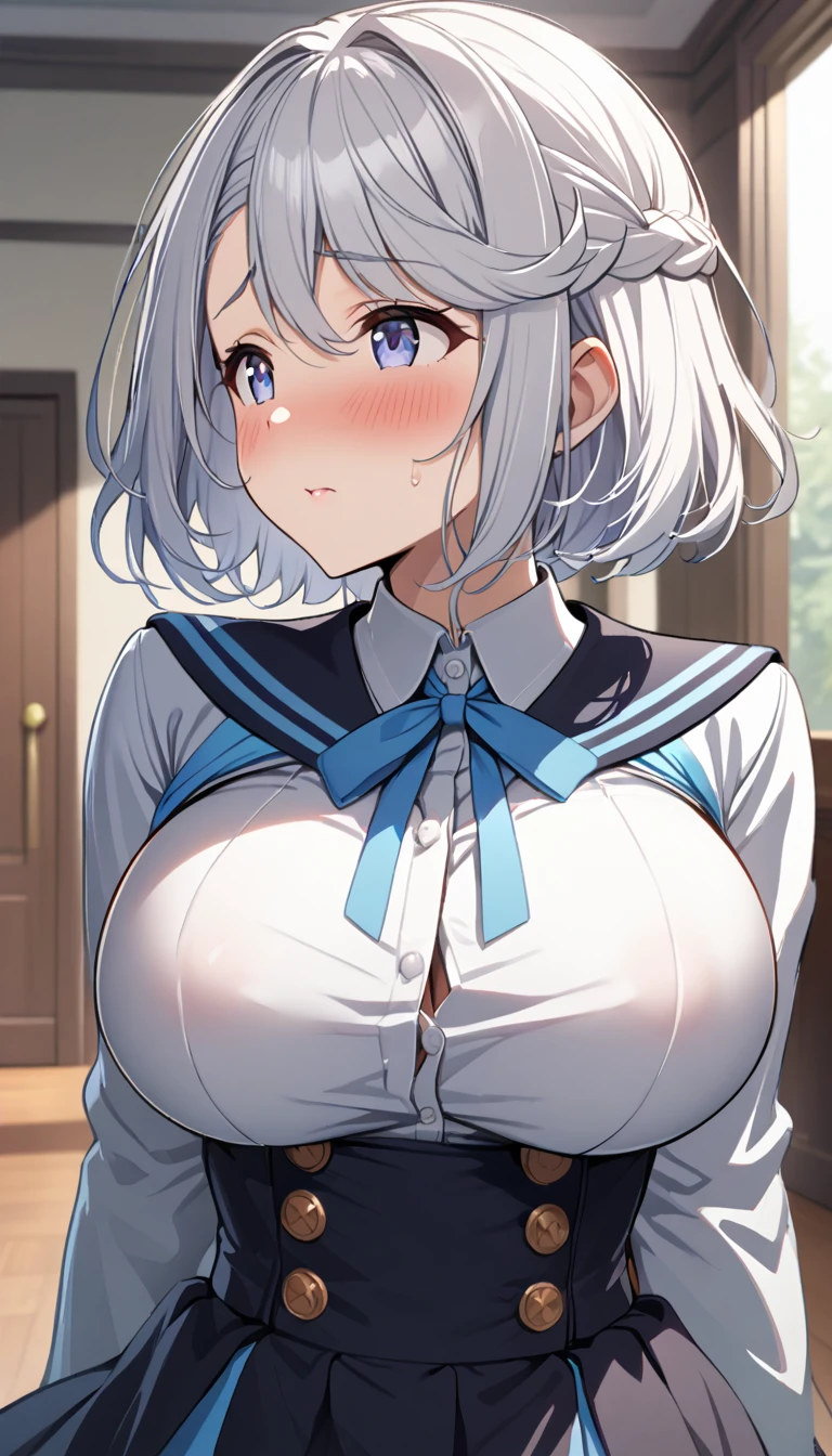 16k,1girl, katsuragi lilja,blue eyes,white hair,short hair,braid,,sailor collar,neck ribbon, white shirt,layered skirt,high-waist skirt,looking view,blush,embarrassed,((((big breast))),((Big Tits))),(The chest is open),cleavege,breast focus,NSFW,beautiful face,beautiful eyes,details eyes