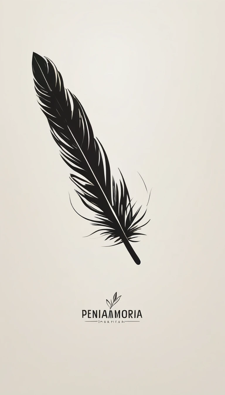A minimal, modern, simple, cinematic logotype for the brand “Penamemoria".. The logo must convey a sense of music, stories and dreams. Minimalistic, abstract, logo of a feather boy