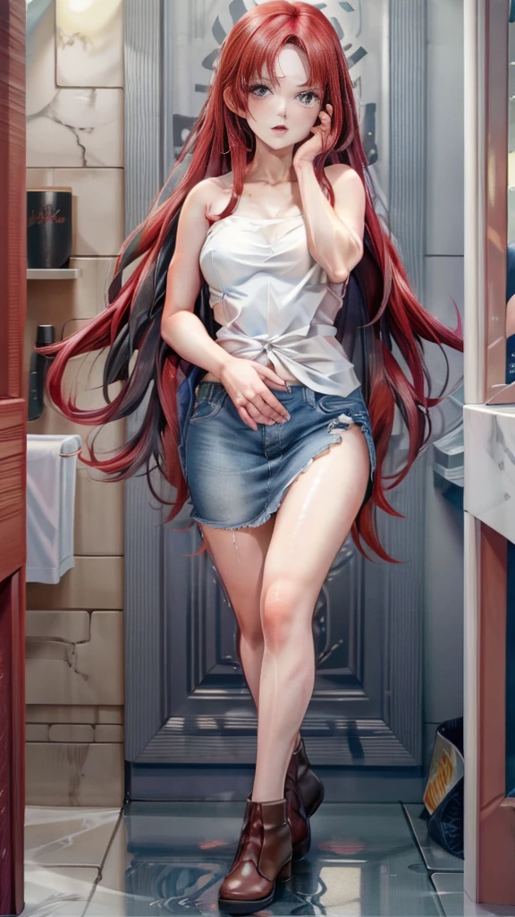red-haired woman, description of confusion and itching, modern era, casual clothing, bathroom, woman looking at mirror applying remedies, bathroom background, medium shot, hyper-realistic, photo realism, cinematography