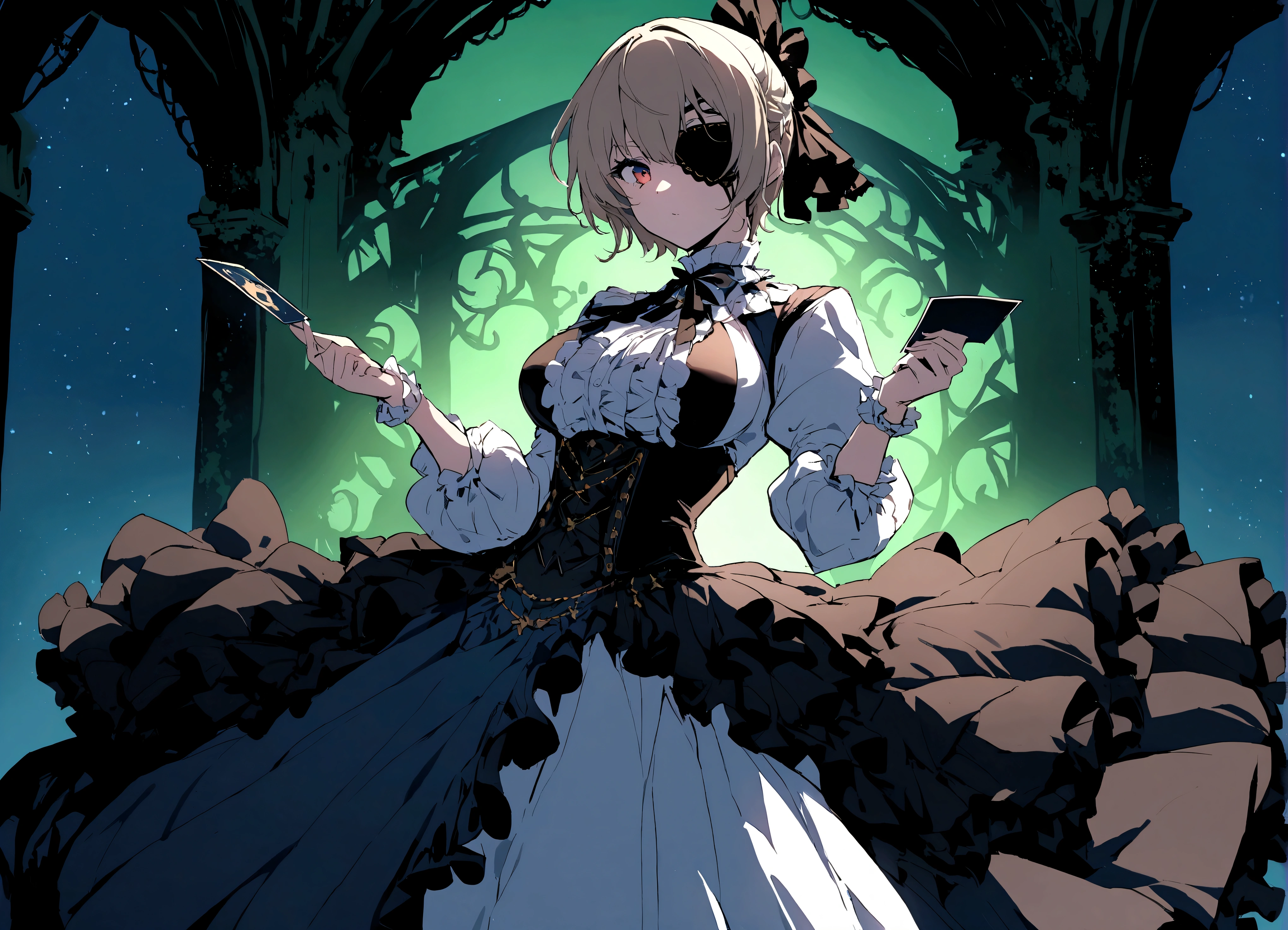Taylor Swift (age 25) is playing a 'steampunk card shark', (victorian dress breasts over exposed., gadget eyepatch over one eye),
