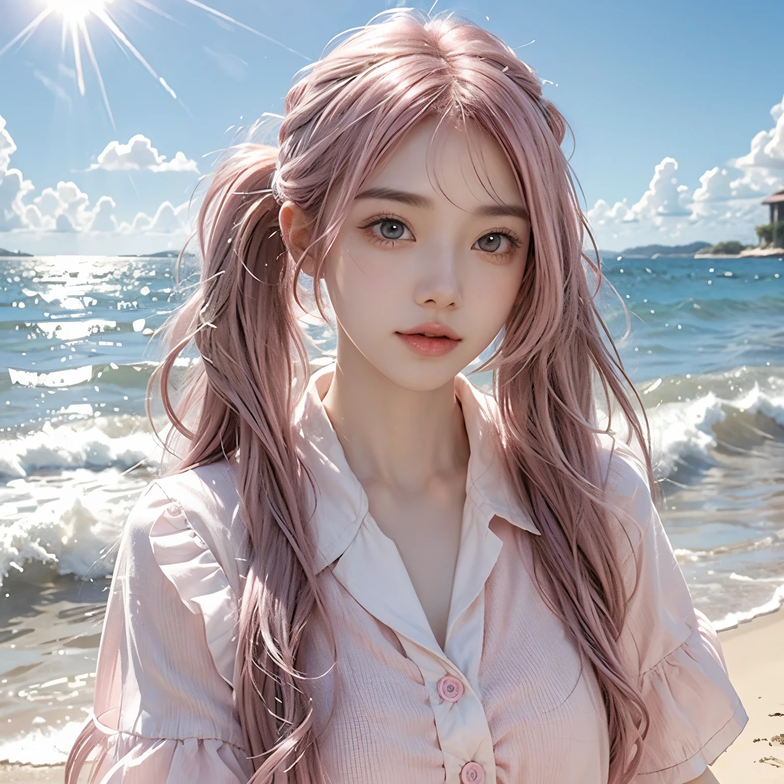 Light pink hair, Pink Eyes, Pink and white, Blue sky, Vibrant colors, blouse white、Water splashes, Light Racing, Wavy long hair、Water splashes、Light of the sun、pigtails hair