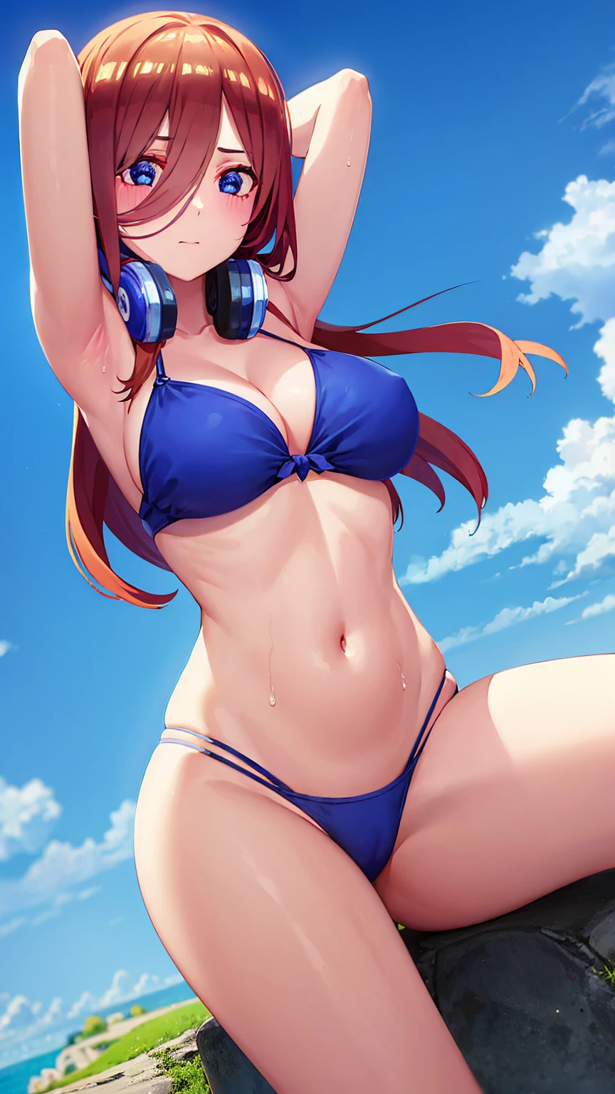 1girl, miku nakano, long hair, bangs, blue eyes, brown hair, hair between eyes, headphones, headphones around neck, (blush:1.1), BREAK string bikini, (blue bikini:1.3), patternless bikini, huge breasts, Naked, Exposed skin, (Wet skin:1.3), (arms behind head, armpits), standing, BREAK (sea:1.2), (beach:1.1), (solar:1.2), morning, BREAK looking at viewer, BREAK (masterpiece:1.2), best quality, high resolution, unity 8k wallpaper, (illustration:0.8), (beautiful detailed eyes:1.6), extremely detailed face, perfect lighting, extremely detailed CG, (perfect hands, perfect anatomy),