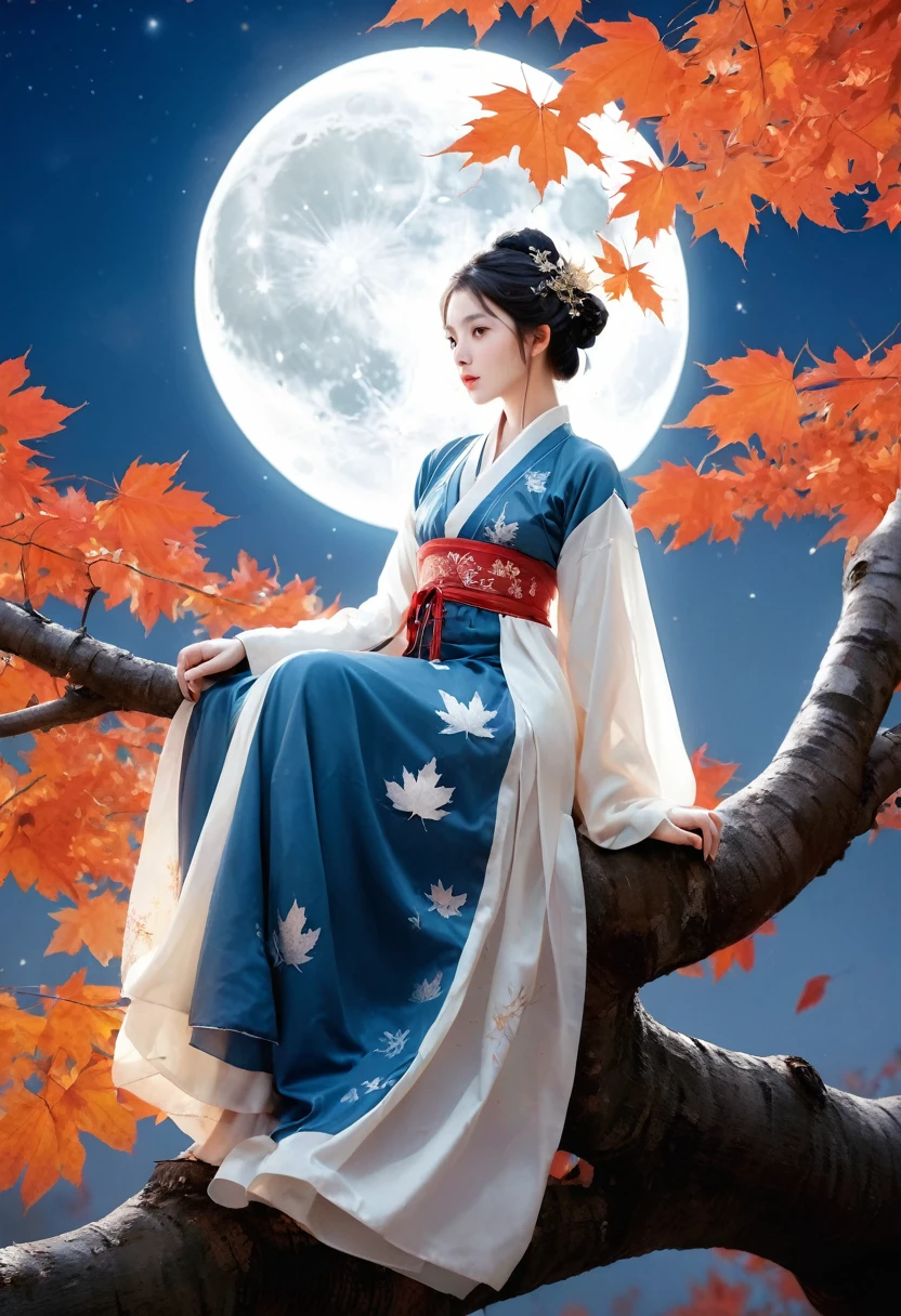 (masterpiece, best quality:1.2), full moon,A huge moon,moonlight,1girl,Girl's posture,autumn,autumn leaves,black hair,branch,breasts,falling leaves,in tree,Sitting on the trunk of a tree,Close range,Diagonal body,full body,Blue Hanfu,night,leaf,lips,long sleeves,looking at viewer,maple leaf,outdoors,sitting in tree,solo,tree,water
