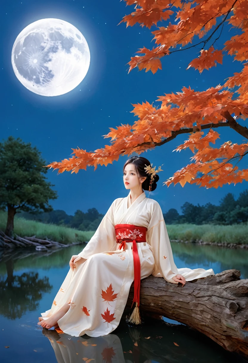 (masterpiece, best quality:1.2), full moon,A huge moon,moonlight,1girl,Girl's posture,autumn,autumn leaves,black hair,branch,breasts,falling leaves,in tree,Sitting on the trunk of a tree,Close range,Diagonal body,full body,Blue Hanfu,night,leaf,lips,long sleeves,looking at viewer,maple leaf,outdoors,sitting in tree,solo,tree,water
