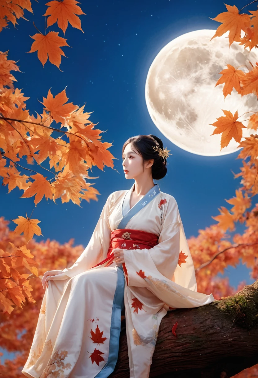 (masterpiece, best quality:1.2), full moon,A huge moon,moonlight,1girl,Girl's posture,autumn,autumn leaves,black hair,branch,breasts,falling leaves,in tree,Sitting on the trunk of a tree,Close range,Diagonal body,full body,Blue Hanfu,night,leaf,lips,long sleeves,looking at viewer,maple leaf,outdoors,sitting in tree,solo,tree,water
