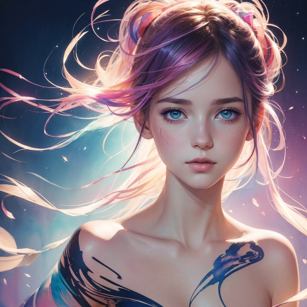 (8k, best quality, masterpiece:1.2),(best quality:1.0), (ultra highres:1.0), watercolor, a beautiful woman, shoulder, hair ribbons, by agnes cecile, half body portrait, extremely luminous bright design, pastel colors, (ink:1.3), autumn lights,
