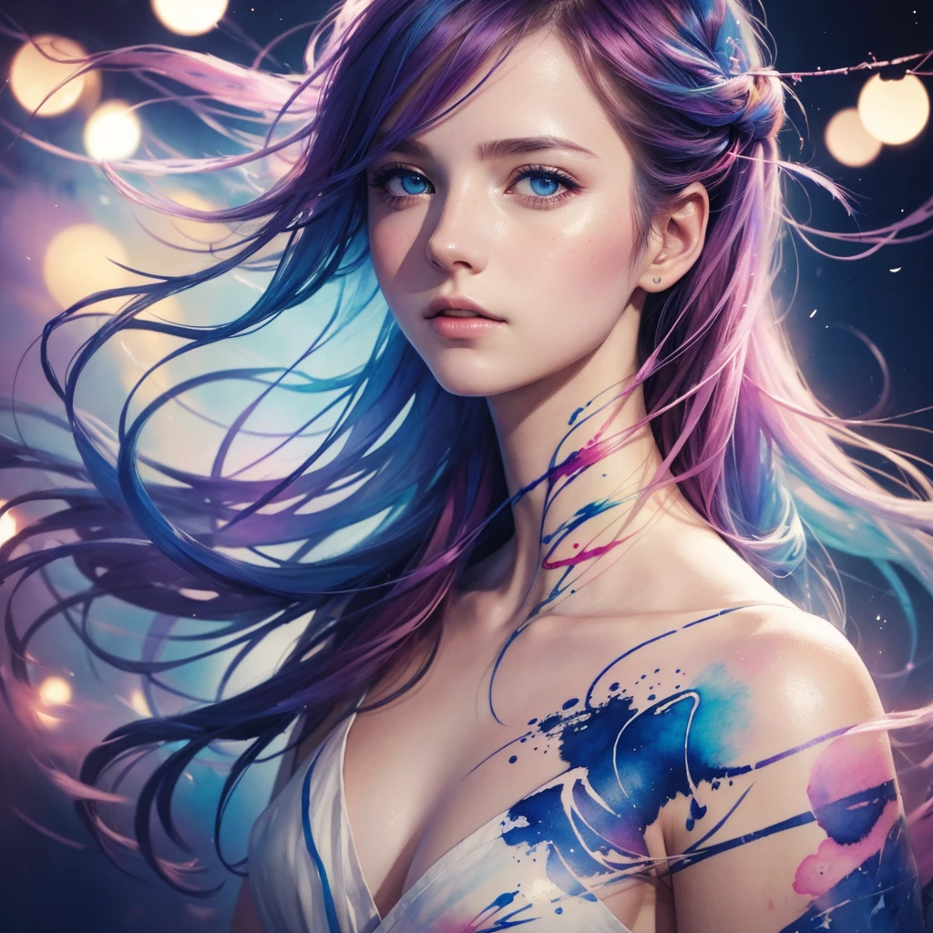 (8k, best quality, masterpiece:1.2),(best quality:1.0), (ultra highres:1.0), watercolor, a beautiful woman, shoulder, hair ribbons, by agnes cecile, half body portrait, extremely luminous bright design, pastel colors, (ink:1.3), autumn lights,