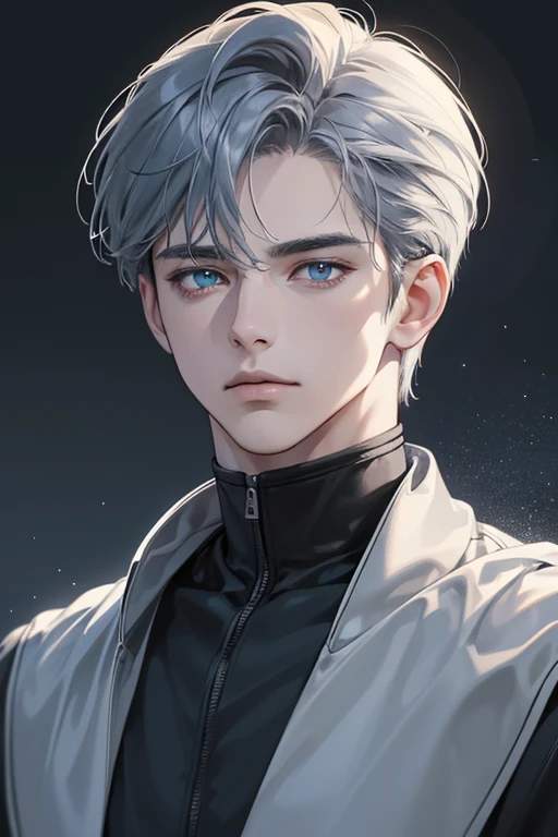 (best quality digital art digital illustration 4k high resolution beautiful image hyper-detailed image perfect lines soft lighting night environment smooth zoom perfect face) (1:1 photorealistic) (neutral colors hdr 1.4) an adult 35 year old man (thoughtful expression) very beautifu blue l eyes deep grey blue medium hair modern clothes black (dark background)