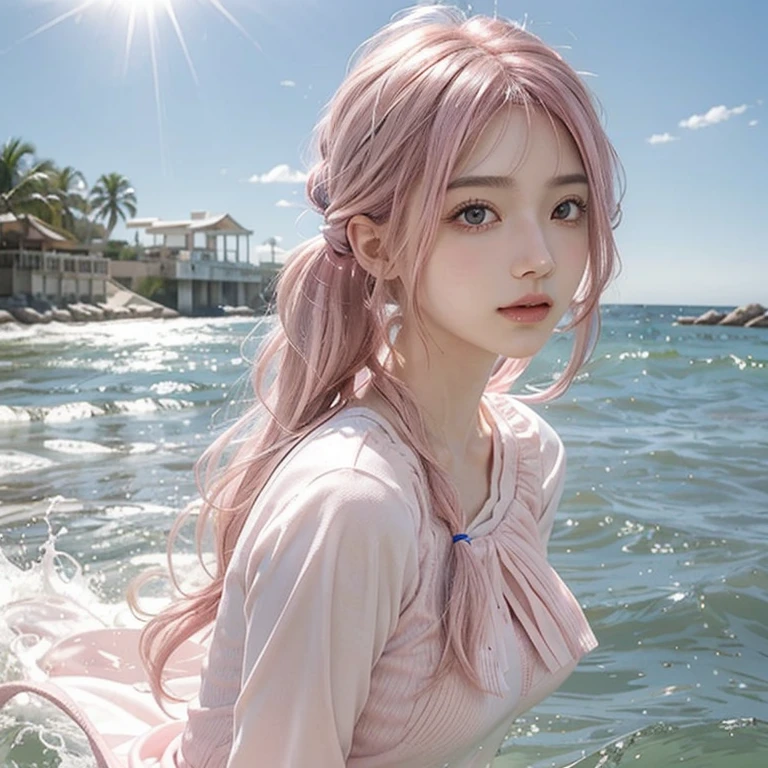 Light pink hair, Pink Eyes, Pink and white, Blue sky, Vibrant colors, blouse white、Water splashes, Light Racing, Wavy long hair、Water splashes、Light of the sun、pigtails hair