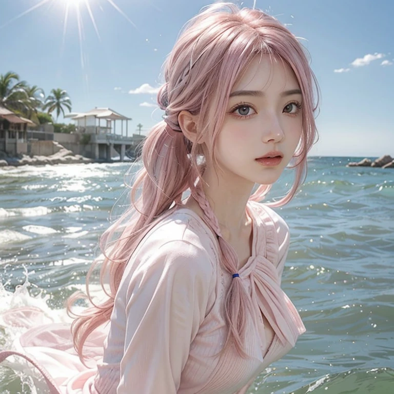 Light pink hair, Pink Eyes, Pink and white, Blue sky, Vibrant colors, blouse white、Water splashes, Light Racing, Wavy long hair、Water splashes、Light of the sun、pigtails hair