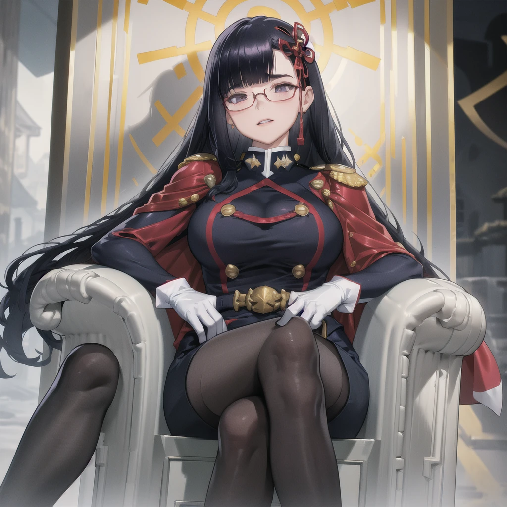 masterpiece, best quality, absurdres, YamashiroRen, blunt bangs, hair ornament, tight and torn military uniform, epaulettes, white gloves, red cape, black pantyhose, sitting, throne, crossed legs, reading glasses, large thighs, large breasts, 