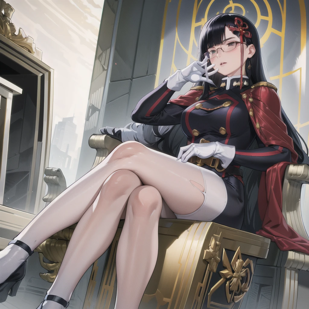 masterpiece, best quality, absurdres, YamashiroRen, blunt bangs, hair ornament, tight and torn military uniform, epaulettes, white gloves, red cape, black pantyhose, sitting, throne, crossed legs, reading glasses, large thighs, large breasts, 