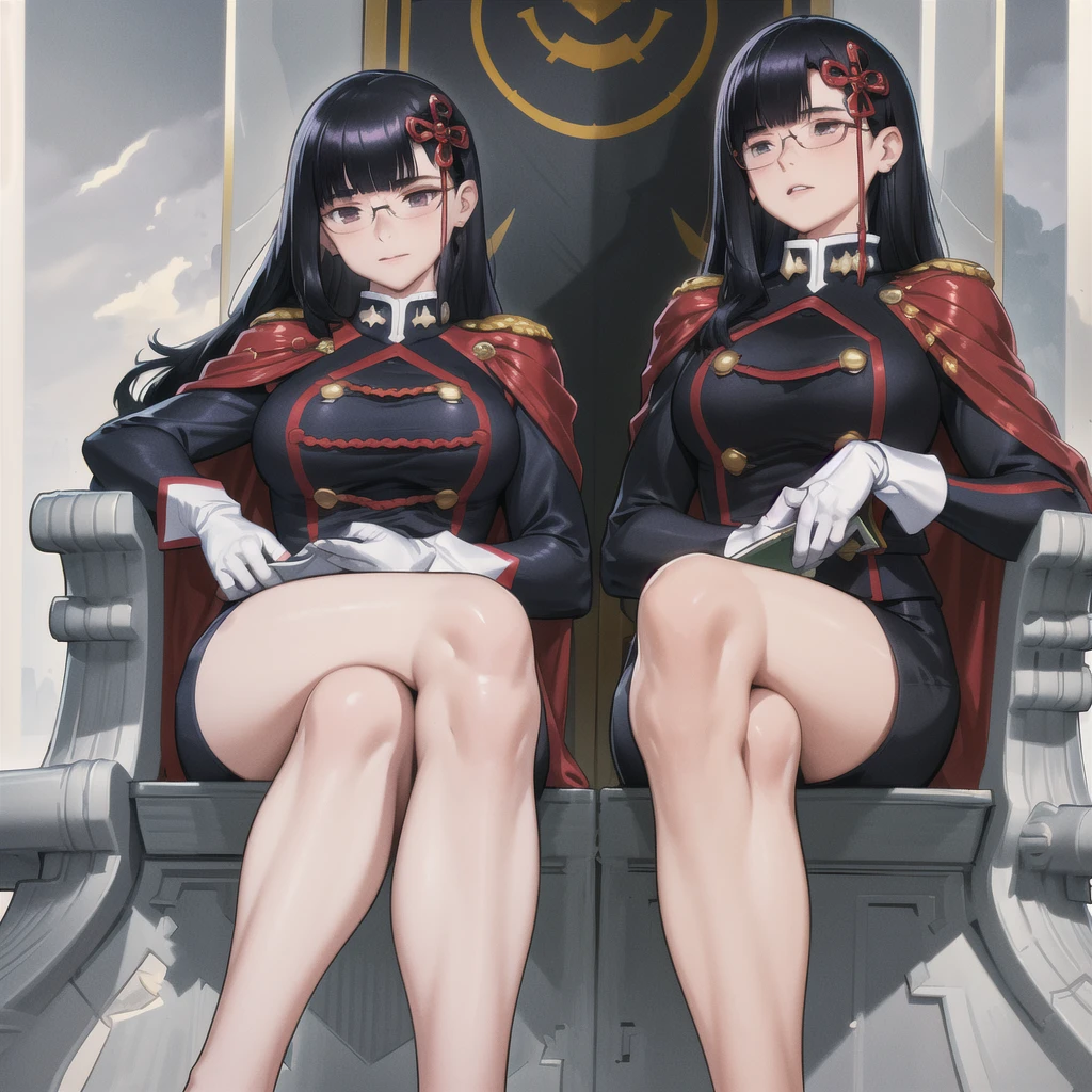 masterpiece, best quality, absurdres, YamashiroRen, blunt bangs, hair ornament, tight and torn military uniform, epaulettes, white gloves, red cape, black pantyhose, sitting, throne, crossed legs, reading glasses, large thighs, large breasts, 