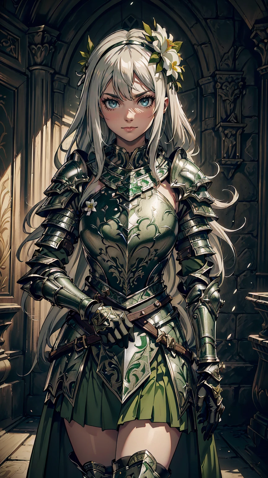 最high quality、Ultra High Definition, Ultra High Quality, Hyper Definition, Hyper Quality, Hyper Detailed, Extremely Detailed, Perfectly Detailed, Best image quality、masterpiece、woman((20-year-old、 By becoming、Best Bust、Medium Bust, Noble Armor, Green glowing eyes, Silver long Hair、Disheveled Hair、Long White Hair、thin, Glove、Green Skirt, Smirk、Hair White Flower Barrette、Armored With Full Coverage Noble Plate Armor, Leg Armor,)),high quality、Beautiful art、background((Inside the mansion))、Written boundary depth、movie、Visual Arts、Perfect art、8K,Genuine、