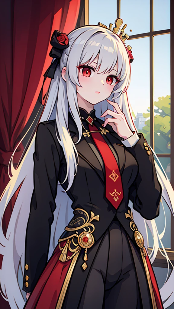 ((masterpiece)),((best quality)),32K,high detail,Extremely detailed,Intricate details,A girl,(White long straight hair:1.3),Positive face,(Red Eyes:1.3),((tie)),((Black suit)),messy hair,hair strand,Hair flip,19th century style,Empire Style,Romanticism,Neoclassicism,Gothic art,Anime style,Cinematic lighting
