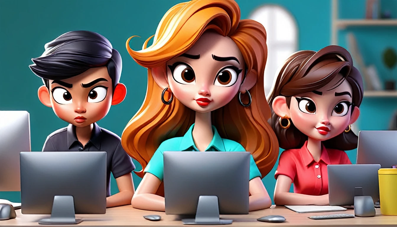 There are a group of people working in graphic design sitting in front of computers. Many men and women with various appearances (PECT Photo Editing Community Thailand) are cute and realistic in 3D. There are icons about Icons or logos of Graphic Design programs such as Adobe Photoshop, Illustrator, InDesign, image editing and design. and there is a font in the middle of the word (For hire for all types of photo editing) Bright colors, cute 3D characters, realistic virtual images.