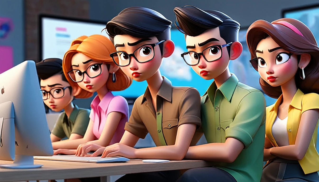There are a group of people working in graphic design sitting in front of computers. Many men and women with various appearances (PECT Photo Editing Community Thailand) are cute and realistic in 3D. There are icons about Icons or logos of Graphic Design programs such as Adobe Photoshop, Illustrator, InDesign, image editing and design. and there is a font in the middle of the word (For hire for all types of photo editing) Bright colors, cute 3D characters, realistic virtual images.
