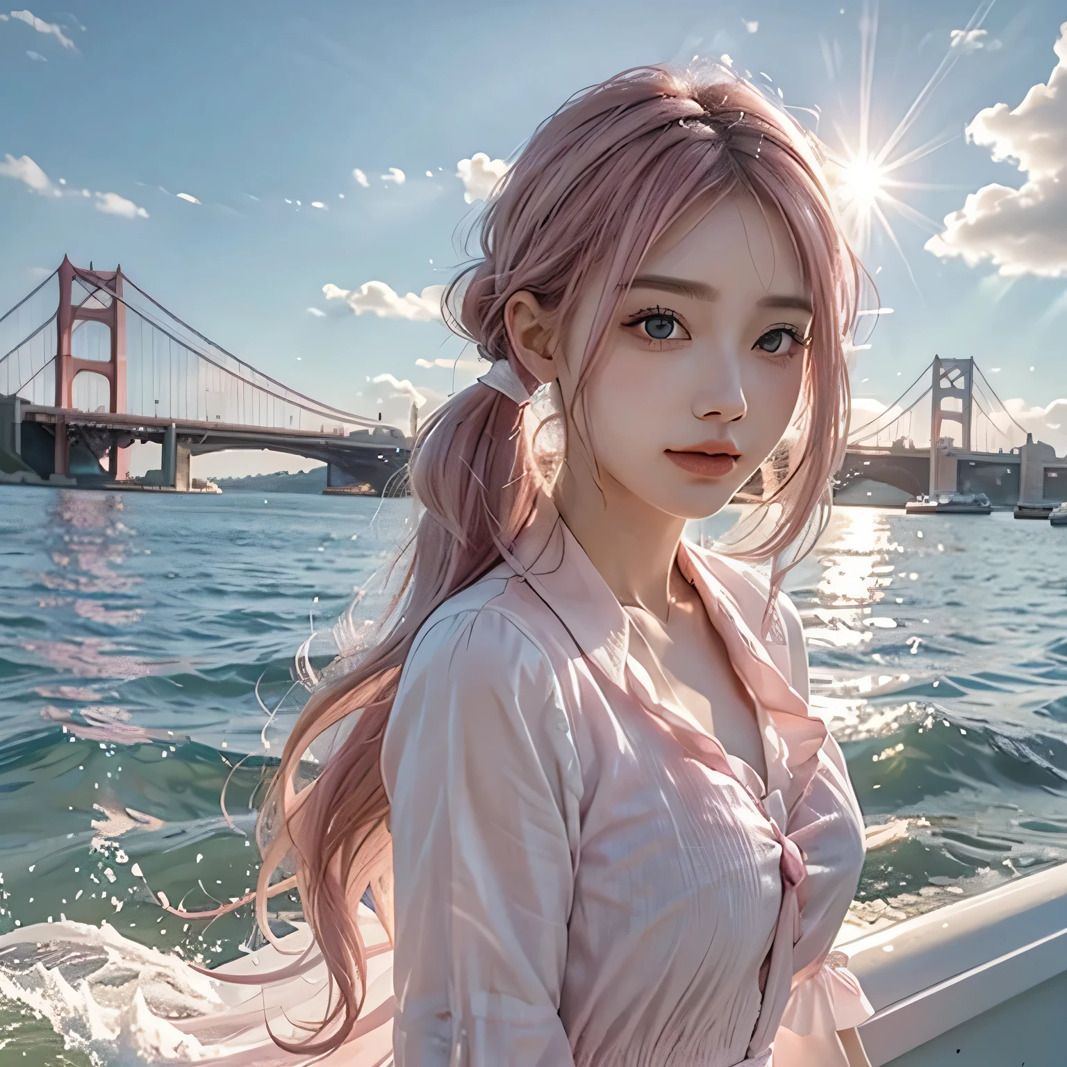Light pink hair, Pink Eyes, Pink and white, Blue sky, Vibrant colors, blouse white、Water splashes, Light Racing, Wavy long hair、Water splashes、Light of the sun、pigtails hair