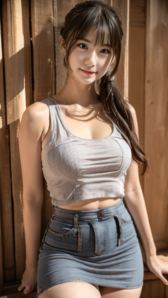 (highest quality,masterpiece:1.3,Ultra-high resolution),(Very detailed、Caustics) (Realistic:1.4, RAW shooting、)Ultra-Realistic Capture、Very detailed、Natural skin texture、masterpiece ,Adorable expression、Expressions of happiness、Japanese,22 years old、Young Face、Amazingly cute、light makeup Bare arms、Shining thighs、Stylish Cafe、Drinking coffee。(((Tank top))),(((mini skirt)))、An inviting gaze、Cowboy Shot、Anatomically correct、Attention to detail