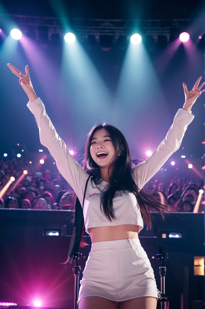 Woman singing into microphone on stage in bright spotlight, one girl, microphone, open mouth, big laugh, solo, black hair, long hair, open eyes, music, sing, scream, hold microphone , There are hands raised high at the concert Silhouettes with bright lights above the people, Crowd, Concert, Realistic, Beautiful, Model, Top quality, Masterpiece, Cute, Different poses, Clear faces, Ultra high resolution, High definition RAW, highest quality, 20 years old, 35mm lens, f/1, seductive smile, ,show on the stage,light up on the stage,Excited 100 audiences,dark room
