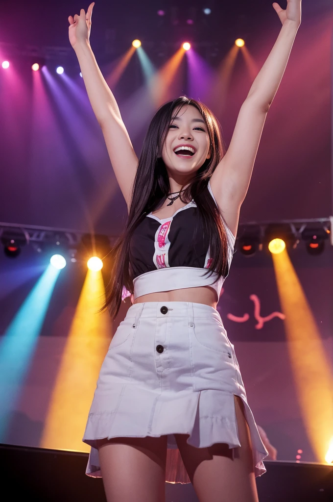 Woman singing into microphone on stage in bright spotlight, one girl, microphone, open mouth, big laugh, solo, black hair, long hair, open eyes, music, sing, scream, hold microphone , There are hands raised high at the concert Silhouettes with bright lights above the people, Crowd, Concert, Realistic, Beautiful, Model, Top quality, Masterpiece, Cute, Different poses, Clear faces, Ultra high resolution, High definition RAW, highest quality, 20 years old, 35mm lens, f/1, seductive smile, ,show on the stage,light up on the stage,Excited 100 audiences,dark room