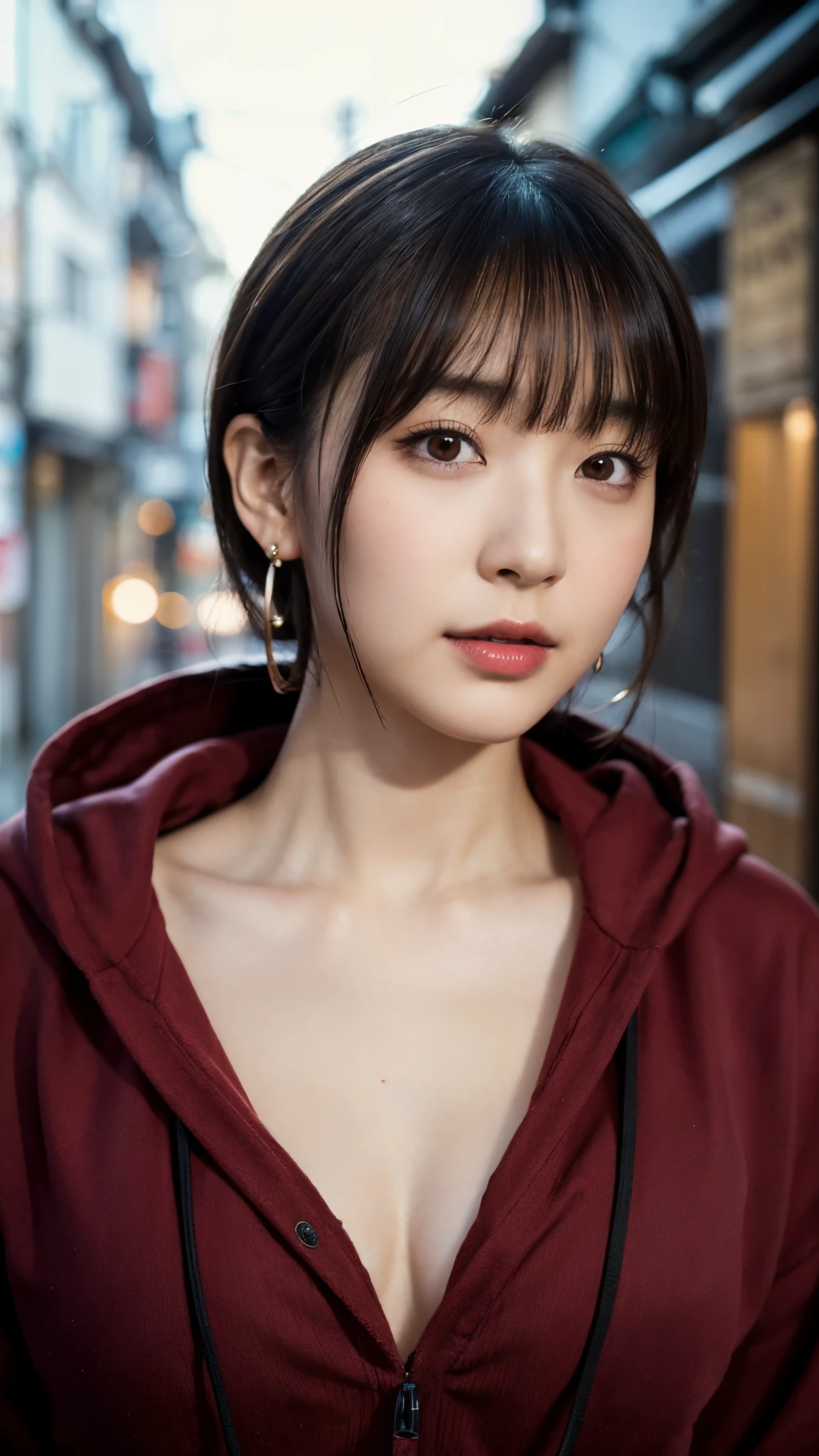 (Highest quality,masterpiece:1.3,Ultra-high resolution),(Super detailed,Caustics,8k), (Photorealistic:1.4, RAW shooting),Japanese,20-year-old,Natural brown short hair,Earrings,Natural Makeup,Red lipstick,Black hoodie,jeans,Rainy Sky,Dim Alley,Low position,Low - Angle,Face Focus,Face close up,Bust up shot