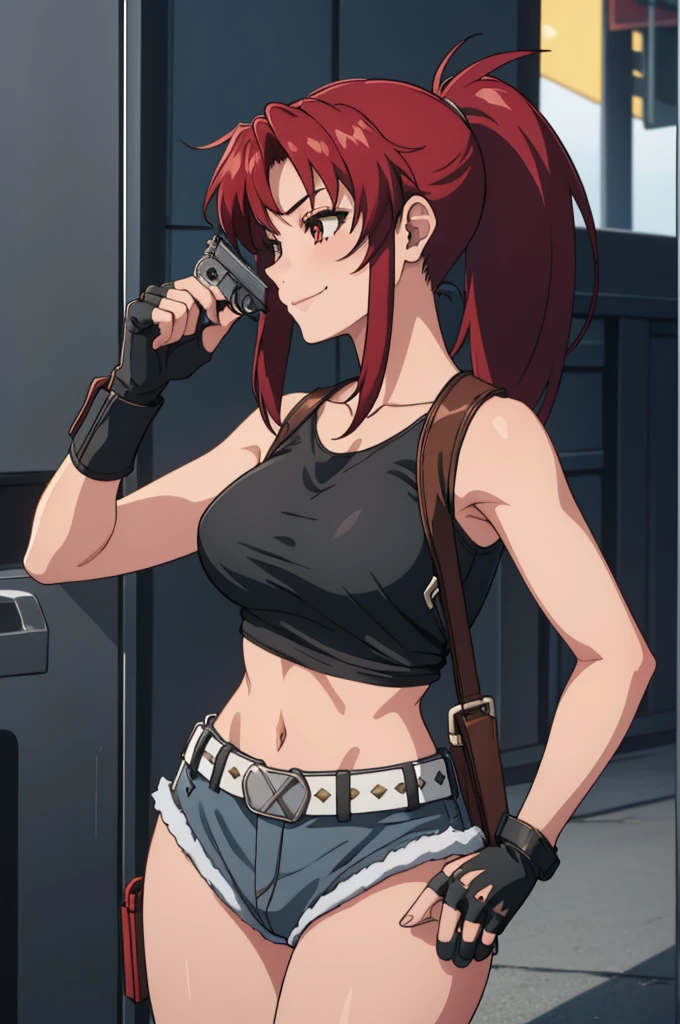 1girl, cute, sexy, red hair, cowboy shot, solo, revy, evil smile, holding gun, handgun, pistol, ponytail, tank top, fingerless gloves, denim shorts, holster, belt, newest