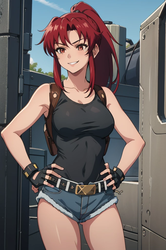 1girl, cute, sexy, red hair, cowboy shot, solo, revy, evil smile, holding gun, handgun, pistol, ponytail, tank top, fingerless gloves, denim shorts, holster, belt, newest