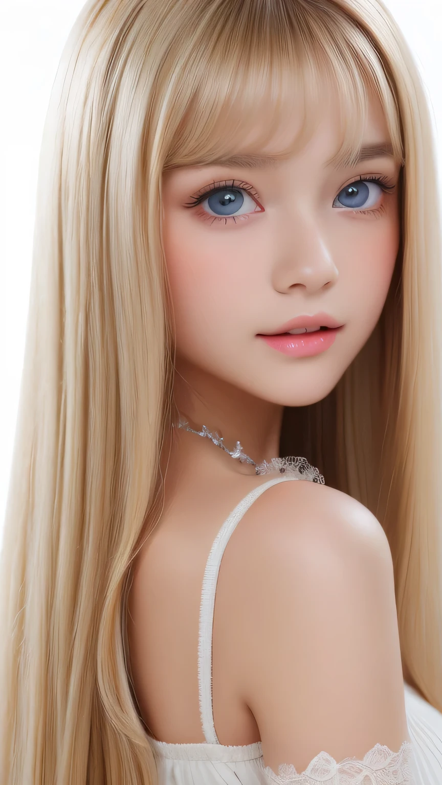 ((Glossy blonde hair and dazzling glossy hair))、A lovely little beautiful face of 、Bright expression、ponytail、Messy bangs、A cute face that suits you、Bangs between the eyes、Long, lustrous bangs dancing in front of her pretty face、bangs that hide the face、(Very beautiful super long straight silky hair),Sexy cute young woman、Very big eyes、Sparkling, light, pale blue eyes、Small Face Beauty、Round face、White skin、Glowing Skin、Cheek gloss、Gloss Face、Young face、Lolita Face、