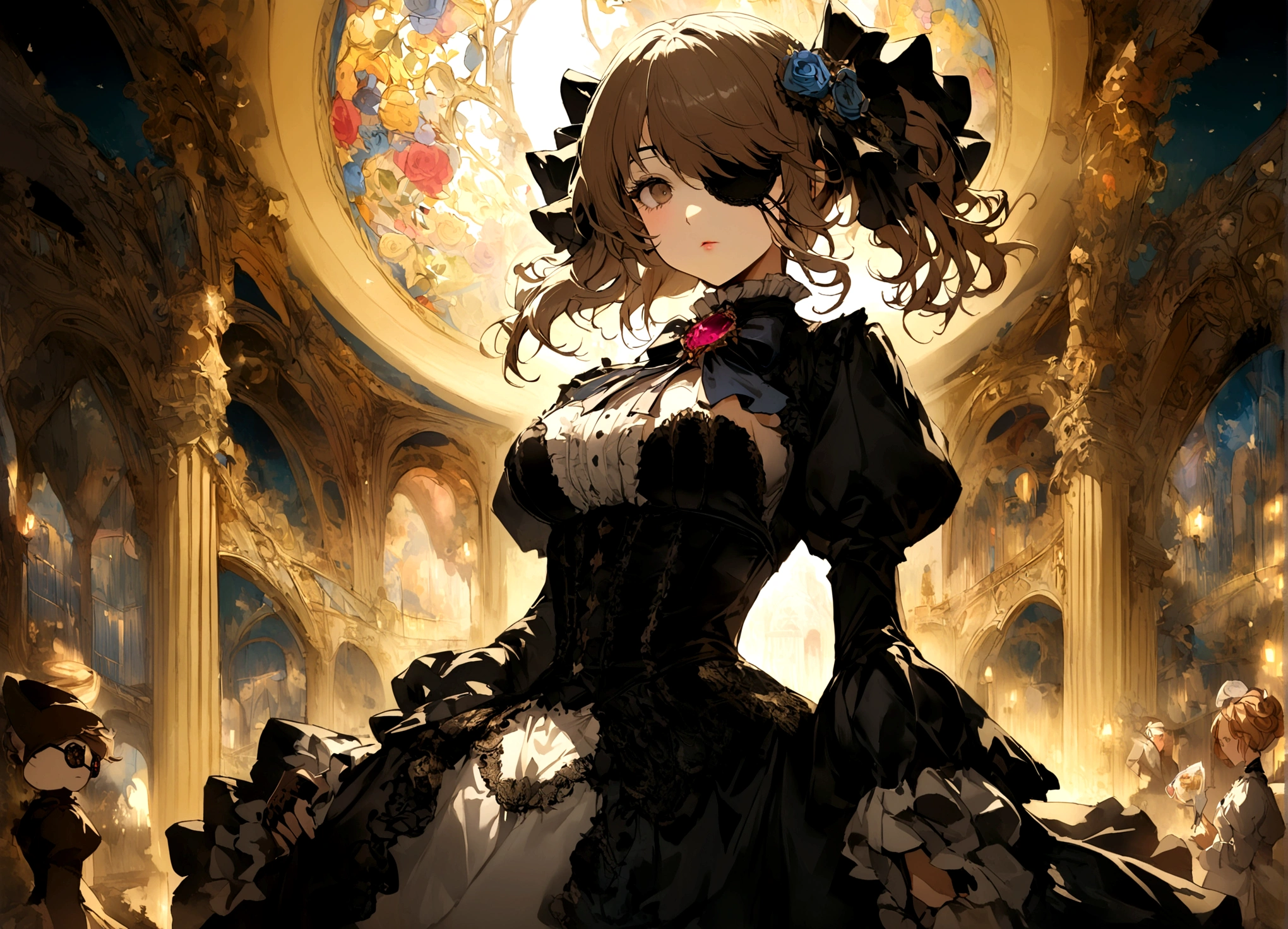 Taylor Swift (age 25) is playing a 'steampunk card shark', (victorian dress breasts over exposed., gadget eyepatch over one eye),