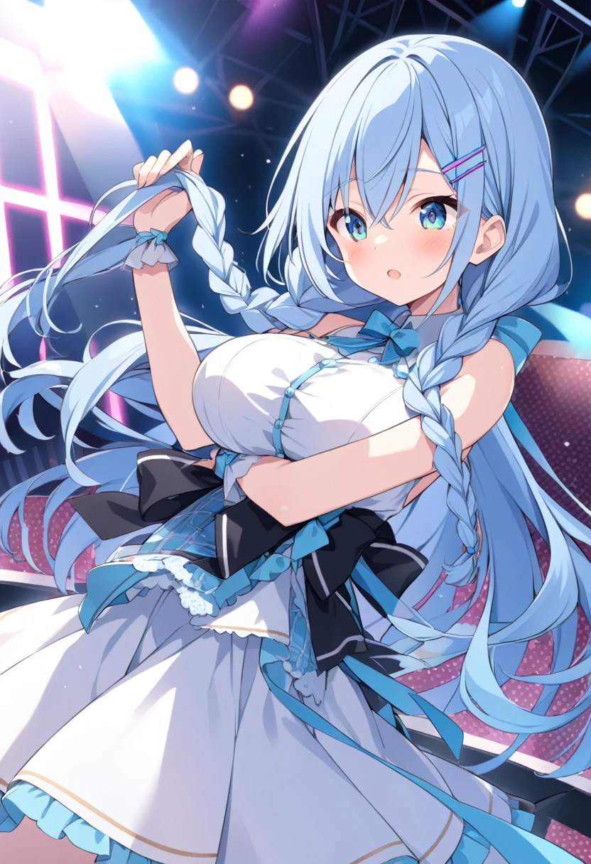 murakami fumio, Blue Hair, Hair Clip, hair ornaments, twin Braidings, Braiding, Hair that falls over the shoulders, Long Hair, blue eyes, Live Stage, Large Breasts