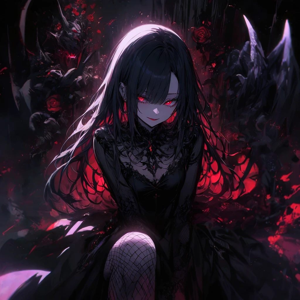 (dark atmosphere,gothic fashion,bright colors),(best quality,Super exquisite,),Sexy goth Vampire girl,In the rose garden at night,Beautiful and delicate eyes,Straight black ponytail with blue tips,Crow feathers,red lipstick,mysterious smile,Pale complexion,fishnet stockings,black dress,Pointed-toe bootysterious aura,The moonlight illuminates her elegant silhouette,Soft shadows and soft highlights,Contrasting colors create a vibrant atmosphere,dark and moody color palette,Subtle yet dramatic lighting effects,Sublime darkness intertwined with exquisite moonlight, She's tall and mature, red tone, beautiful pretty face, long hair