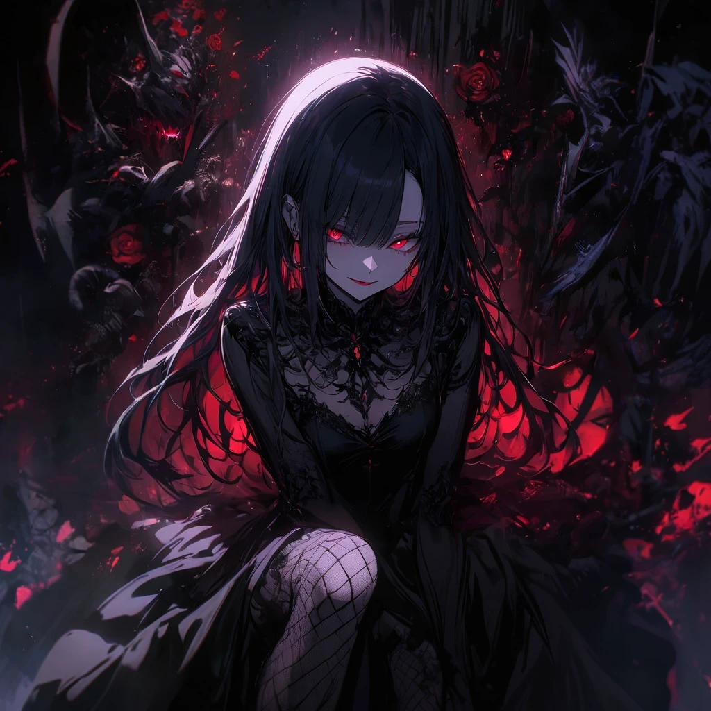 (dark atmosphere,gothic fashion,bright colors),(best quality,Super exquisite,),Sexy goth Vampire girl,In the rose garden at night,Beautiful and delicate eyes,Straight black ponytail with blue tips,Crow feathers,red lipstick,mysterious smile,Pale complexion,fishnet stockings,black dress,Pointed-toe bootysterious aura,The moonlight illuminates her elegant silhouette,Soft shadows and soft highlights,Contrasting colors create a vibrant atmosphere,dark and moody color palette,Subtle yet dramatic lighting effects,Sublime darkness intertwined with exquisite moonlight, She's tall and mature, red tone, beautiful pretty face, long hair