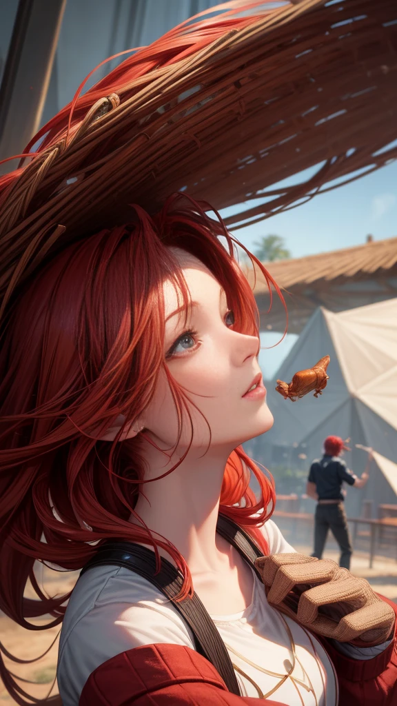 red-haired woman and giant flea, description of dream confession, modern era, casual clothing, dreamscape, woman in surreal dream with giant flea, dreamlike abstract background, wide shot, hyper-realistic, photo realism, cinematography