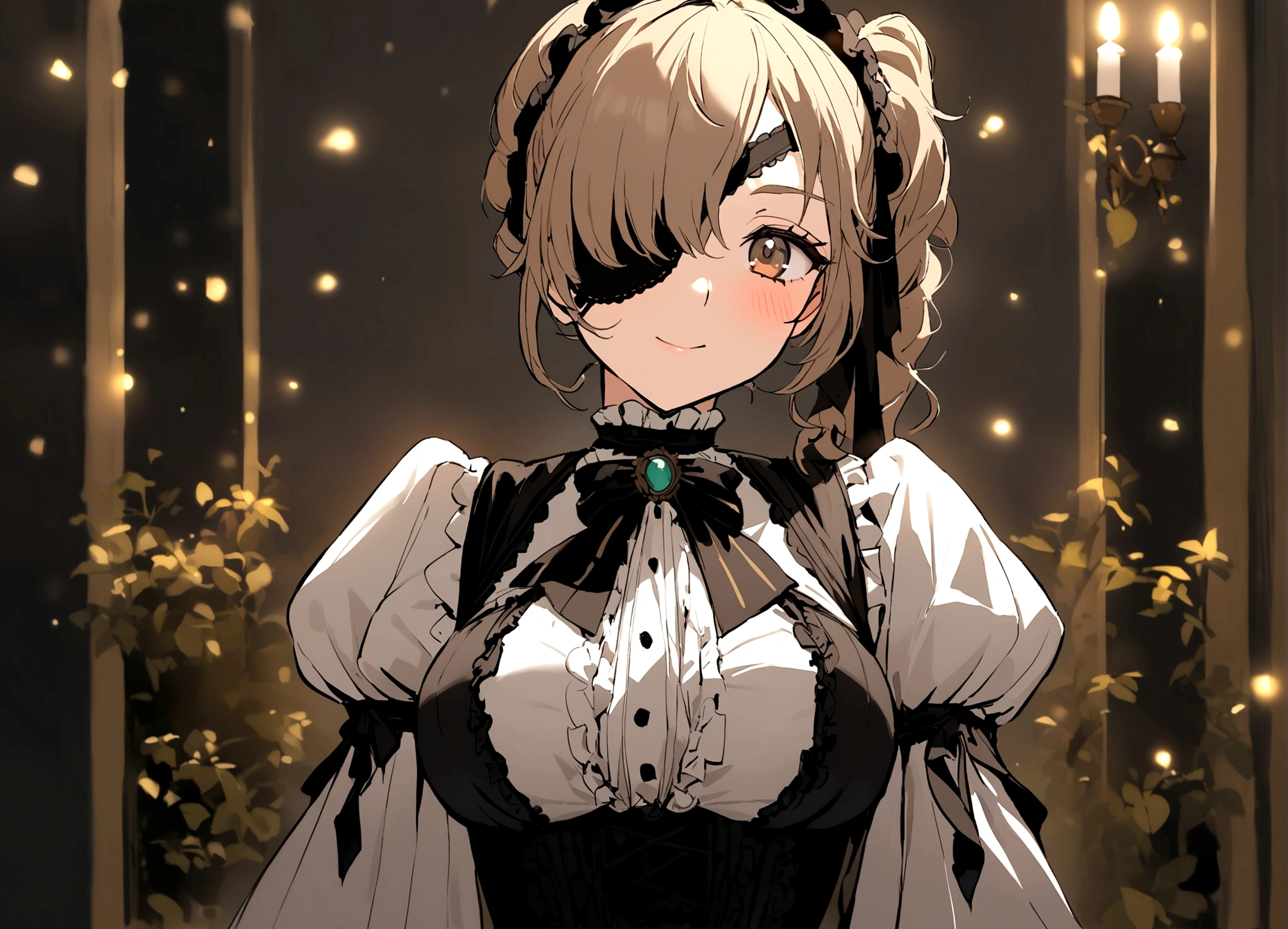 Taylor Swift (age 25) is playing a 'steampunk card shark', (victorian dress breasts over exposed., gadget eyepatch over one eye),
